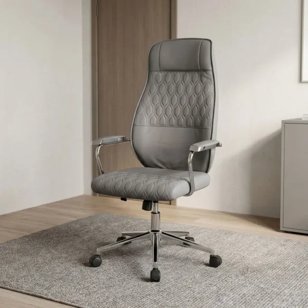 Gray high back leather chair featuring premium gray leather upholstery with textured geometric honeycomb quilting on the backrest and padded seat cushion, fixed chrome armrests with padded gray leather top arm pads, an ergonomic high-back profile with integrated headrest support, pneumatic height adjustment and tilt mechanisms, and a polished chrome five-star swivel base equipped with dual-wheel casters.