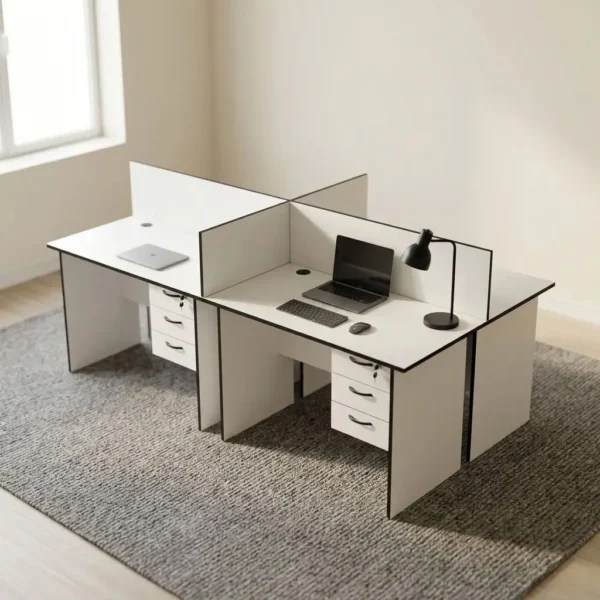 Wooden four way workstation featuring crisp white laminate desktops with contrasting black edge trim, desktop circular cable management grommets, integrated cross-shaped desk divider screens for individual privacy, four fixed under-desk three-drawer lockable storage pedestals with black pull handles, and sturdy white wooden panel support legs.