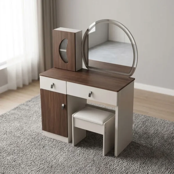 Brown modern dressing table featuring a dual-tone warm walnut and off-white laminate finish, an arched illuminated LED vanity mirror, a countertop tabletop organizer box with a fluted glass accent door, dual storage drawers, a single-door side cabinet with leather-tab pulls, a matching cushioned stool, and solid floor-standing side panel supports.