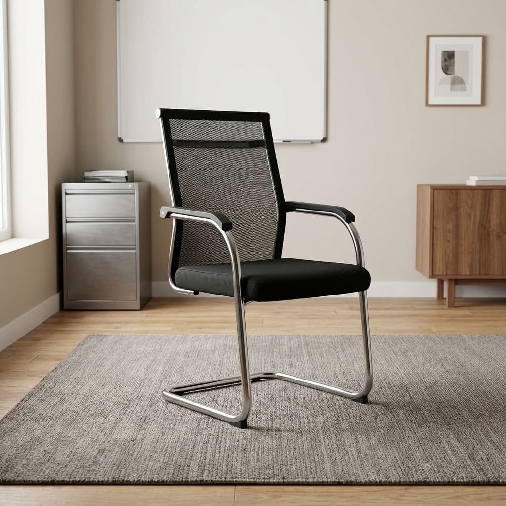 Waiting chair with meshed back featuring a breathable black mesh backrest with a reinforced upper bar, a padded black fabric seat cushion, fixed chrome armrests with black plastic arm pads, and a heavy-duty chrome cantilever sled base equipped with anti-slip floor glides.