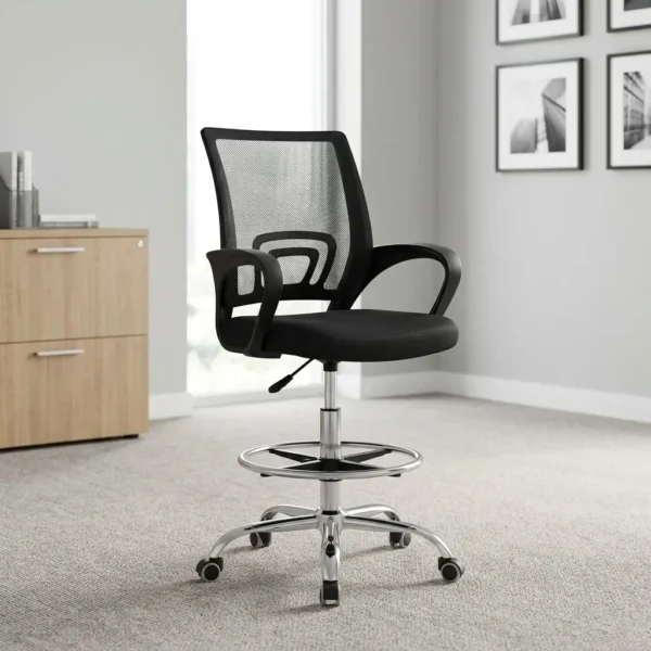 High counter adjustable cashier chair featuring a breathable black mesh backrest with built-in lumbar support, a padded black fabric seat cushion, fixed black curved armrests, extended-range pneumatic height adjustment controls, an integrated chrome height-adjustable foot ring, and a heavy-duty polished chrome five-star base fitted with dual-wheel casters.