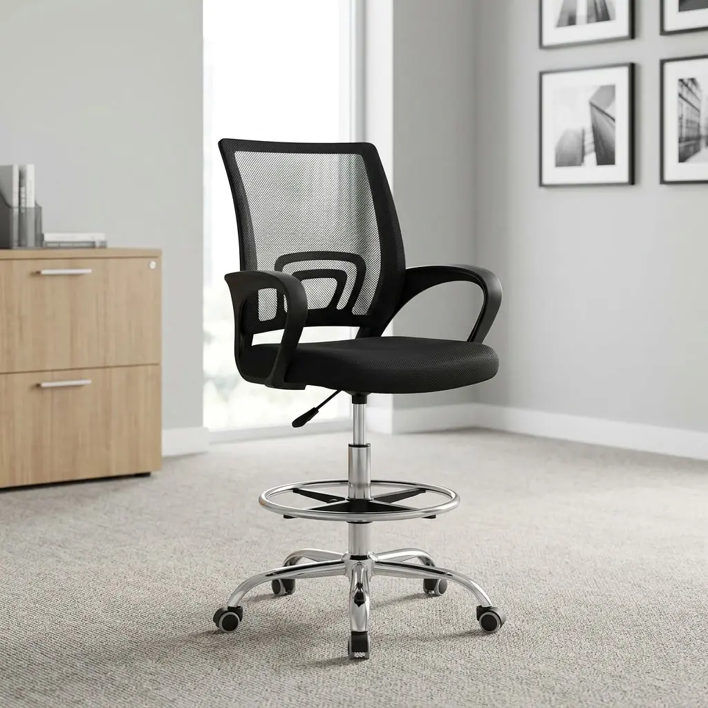 High counter adjustable cashier chair featuring a breathable black mesh backrest with built-in lumbar support, a padded black fabric seat cushion, fixed black curved armrests, extended-range pneumatic height adjustment controls, an integrated chrome height-adjustable foot ring, and a heavy-duty polished chrome five-star base fitted with dual-wheel casters.