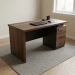 1.4m straight advanced table featuring a dark walnut wood-grain laminate finish, a circular cable management grommet on the tabletop, an integrated under-desk three-drawer lockable pedestal with curved black handles, a full modesty panel, and sturdy wooden side panel legs.