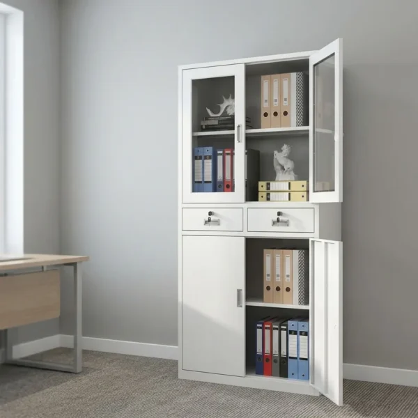 Steel & lockable file cabinet featuring a durable powder-coated white steel frame, upper dual framed glass swing doors revealing two storage compartments, two central lockable drawers with silver handles, lower dual solid steel hinged doors housing a two-tier storage section, and a full plinth base support structure.