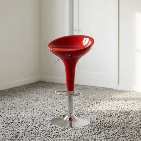 Red plastic adjustable barstool featuring a vibrant glossy red molded ABS plastic hourglass seat shell, a pneumatic side height-adjustment lever with 360-degree swivel functionality, an integrated polished chrome oval footrest, and a heavy-duty chrome pedestal column with a circular trumpet base.