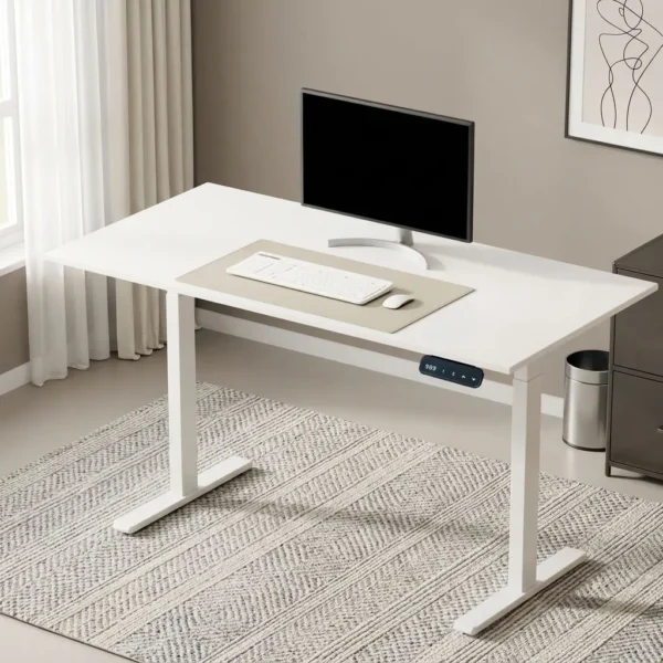 120cm white electric adjustable table featuring a clean white laminate desktop surface, an under-desk digital LED control panel with programmable height presets, a quiet dual-motor height adjustment system, and a powder-coated white steel T-frame base with dual-telescoping legs.
