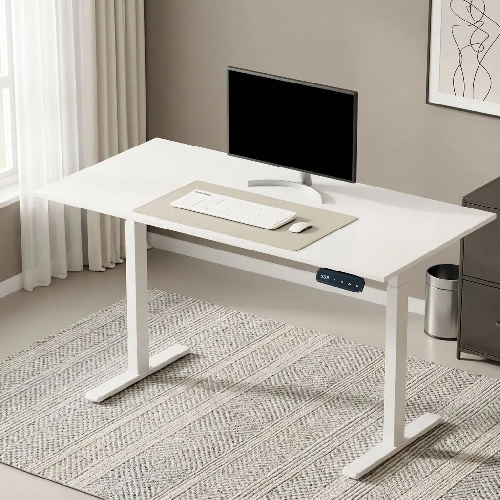 120cm white electric adjustable table featuring a clean white laminate desktop surface, an under-desk digital LED control panel with programmable height presets, a quiet dual-motor height adjustment system, and a powder-coated white steel T-frame base with dual-telescoping legs.
