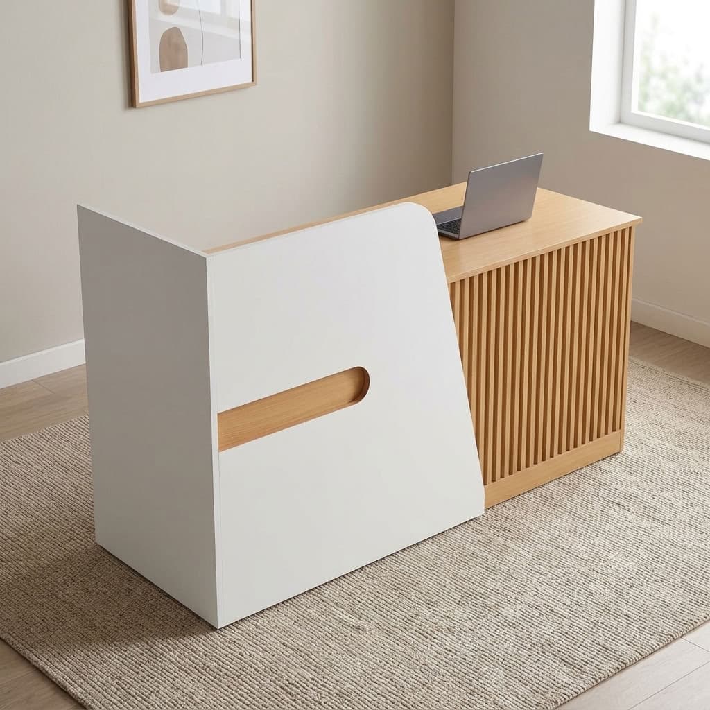 2m modern reception table featuring a dual-tone design with light natural oak wood-grain laminate and matte white panels, a fluted slatted front facade section, an elevated white L-shaped privacy transaction counter with an integrated horizontal wood accent cutout, a spacious inner work surface, and full-depth floor-standing panel supports.