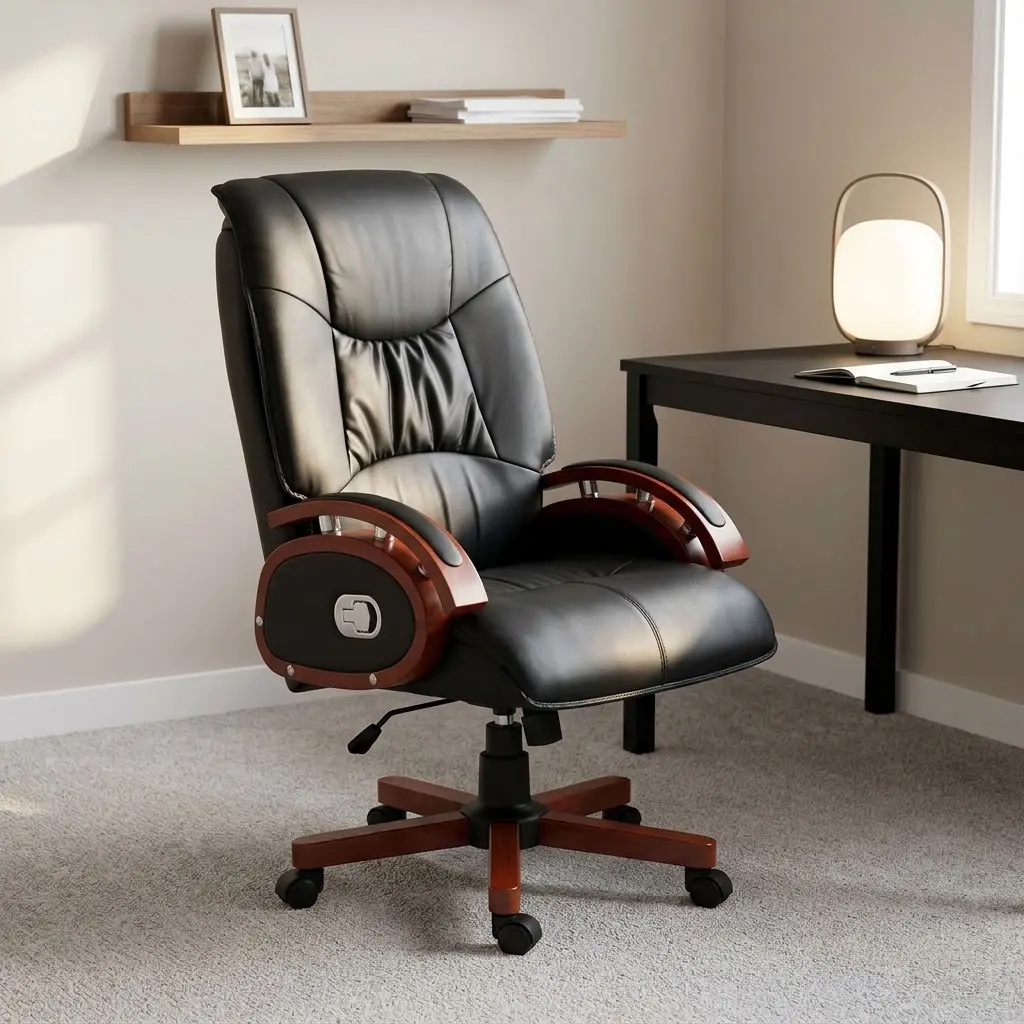 Leather executive reclining chair featuring plush black leatherette upholstery with an ergonomic high backrest and padded seat cushion, mahogany wooden armrests with integrated chrome lever controls, side reclining adjustment controls, pneumatic seat height adjustment, and a wooden-capped five-star swivel base equipped with heavy-duty dual-wheel casters.