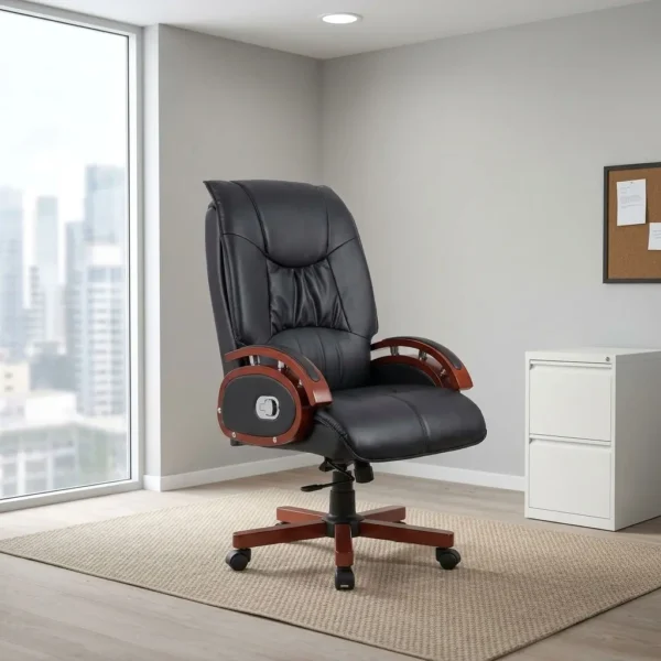 Leather executive reclining chair featuring plush black leatherette upholstery with an ergonomic high backrest and padded seat cushion, mahogany wooden armrests with integrated chrome lever controls, side reclining adjustment controls, pneumatic seat height adjustment, and a wooden-capped five-star swivel base equipped with heavy-duty dual-wheel casters.