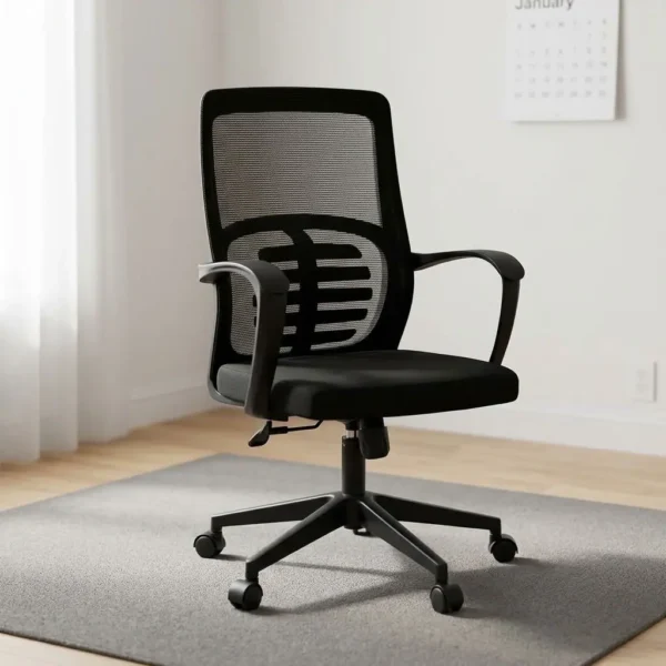 Mid back office chair featuring a breathable black mesh backrest with an integrated ergonomic spine-support lumbar frame, a cushioned black fabric seat, fixed curved black nylon armrests, pneumatic seat height adjustment and tilt controls, and a heavy-duty black nylon five-star swivel base fitted with dual-wheel casters.