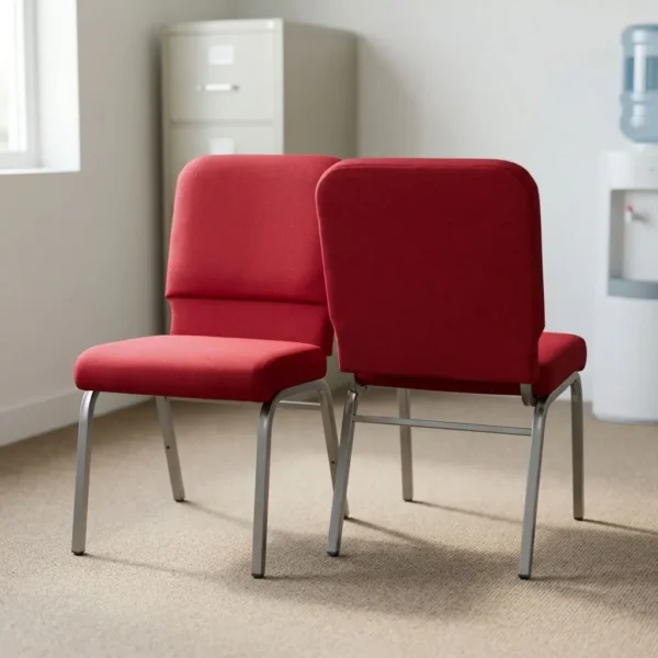 Commercial heavy duty church chair featuring vibrant red fabric upholstery with high-density padded backrest and seat cushions, armless stacking design, and a durable powder-coated silver-grey steel square tube frame base with plastic glides.