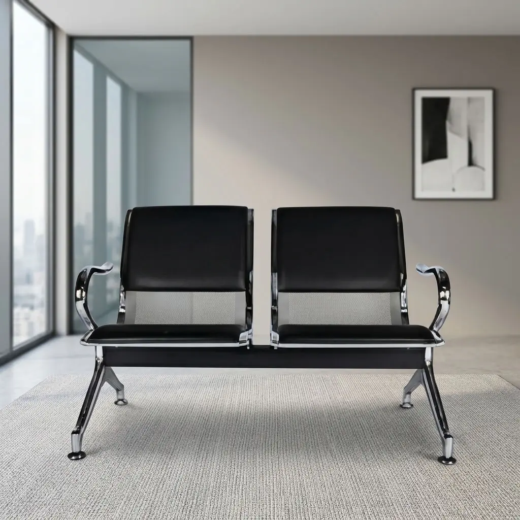 2-link padded waiting bench featuring two contoured seats with black leatherette padded cushions over perforated metal shells, curved chrome side armrests, and a heavy-duty black steel crossbar supported by polished chrome angled legs with adjustable floor glides.