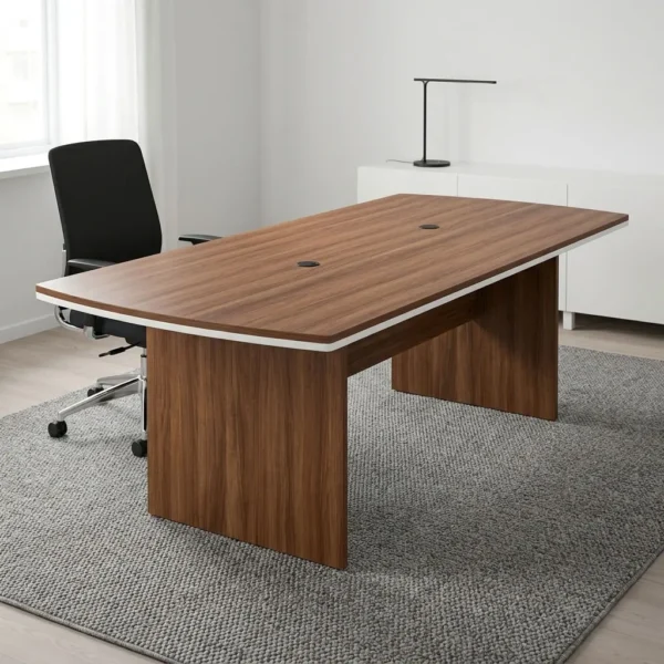 6-seater boardroom table featuring a rich walnut wood-grain laminate tabletop with a white edge trim border, two dual circular cable pass-through grommets, a full-length structural under-desk stretcher, and dual thick wooden slab panel legs.
