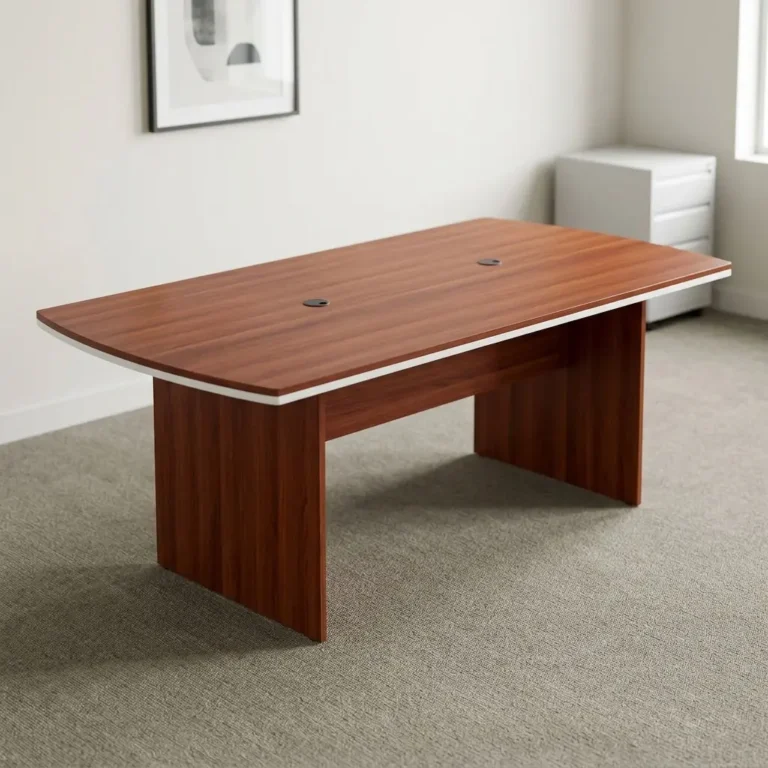 2.4 Metres wooden conference table featuring a rich reddish-brown teak wood-grain laminate tabletop with a distinct white edge trim accent, integrated dual wire management grommets, a full-length modesty support panel, and dual heavy-duty matching wooden slab base legs.