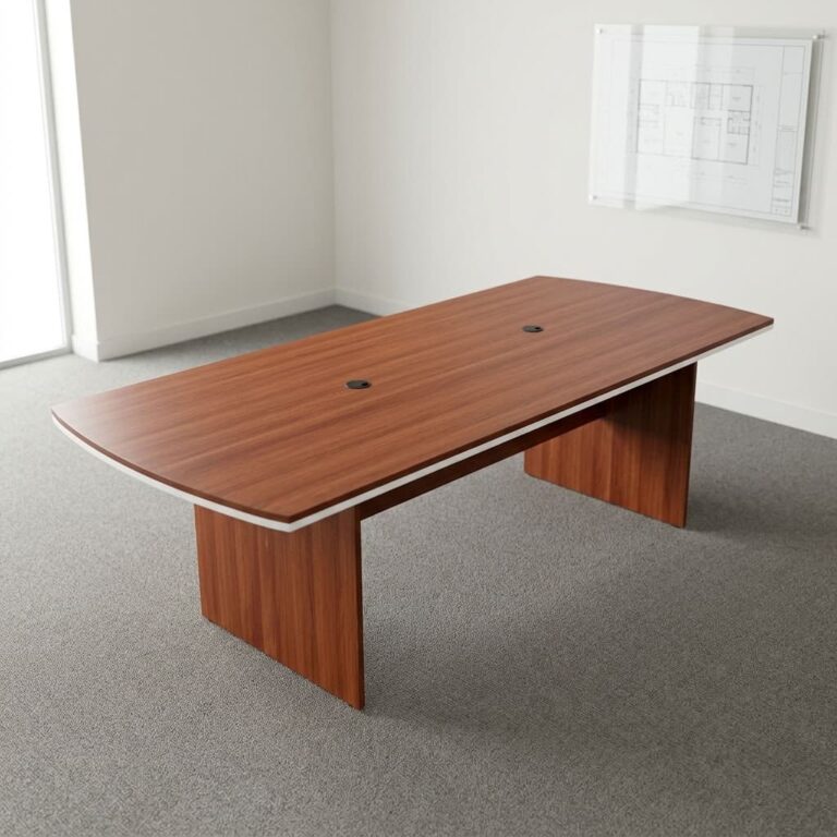 1.8m conference meeting table featuring a warm teak wood-grain laminate tabletop with a distinct white edge trim accent, integrated dual wire management grommets, a full-length modesty support panel, and dual matching wooden slab base legs.