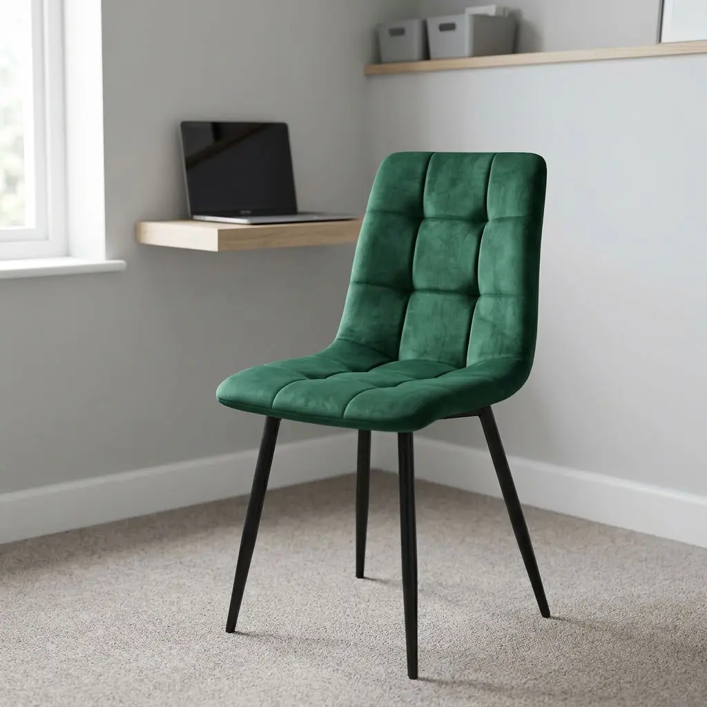 Green fabric dining chair featuring plush emerald green velvet fabric upholstery with grid tufting details on the backrest and seat, an armless ergonomic profile, and slender black powder-coated tapered metal legs with floor glides.