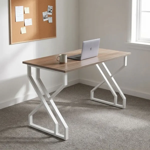 120cm wooden ergonomic table featuring a light natural oak wood-grain laminate desktop surface, an integrated circular cable management grommet, and heavy-duty powder-coated white steel geometric angular legs.