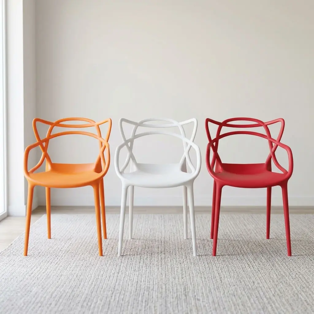 Stackable plastic outdoor chair featuring a weather-resistant molded polypropylene plastic body with an intricate interlocking loop backrest and integrated armrests, a contoured seat pan, and a stackable design supported by four integrated tapered legs with non-marking floor glides.