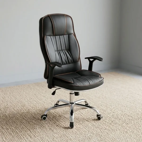 High-back leather reclining seat featuring premium black leatherette upholstery with contrasting red accent stitching, an ergonomic contoured high backrest and padded seat cushion, padded T-shaped armrests, pneumatic seat height adjustment and reclining tilt controls, and a polished chrome five-star swivel base fitted with smooth-rolling dual-wheel casters.