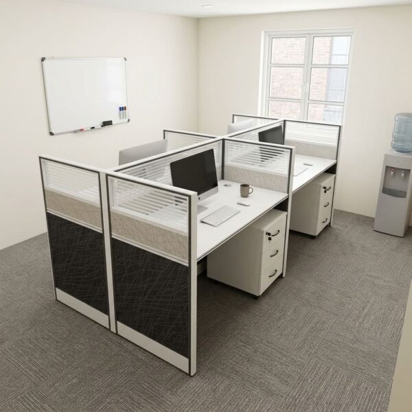 Modern workstation for four featuring smooth white laminate desktops with integrated cable management grommets, privacy dividing partition panels with patterned dark lower sections, grey patterned middle panels, and frosted slatted glass upper sections, four mobile white 3-drawer lockable pedestals, and a sturdy powder-coated white metal framing system.