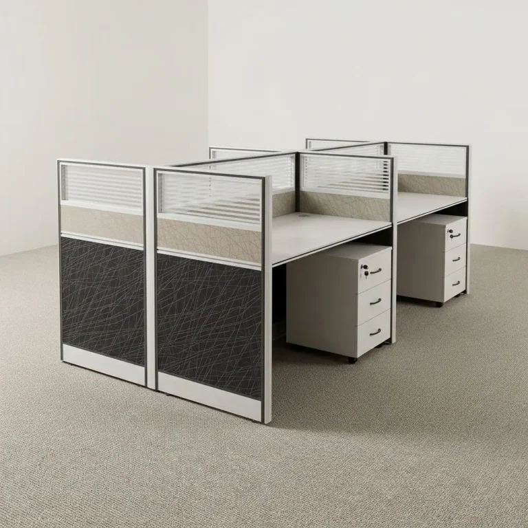 4 user modular workstation featuring smooth white laminate desktops with integrated cable grommets, acoustic privacy partition dividers with dark patterned lower fabric, grey patterned middle panels, and frosted slatted glass upper screens, four mobile white 3-drawer lockable pedestals, and a heavy-duty powder-coated white metal structural frame.
