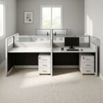 4 user modular workstation featuring smooth white laminate desktops with integrated cable grommets, acoustic privacy partition dividers with dark patterned lower fabric, grey patterned middle panels, and frosted slatted glass upper screens, four mobile white 3-drawer lockable pedestals, and a heavy-duty powder-coated white metal structural frame.