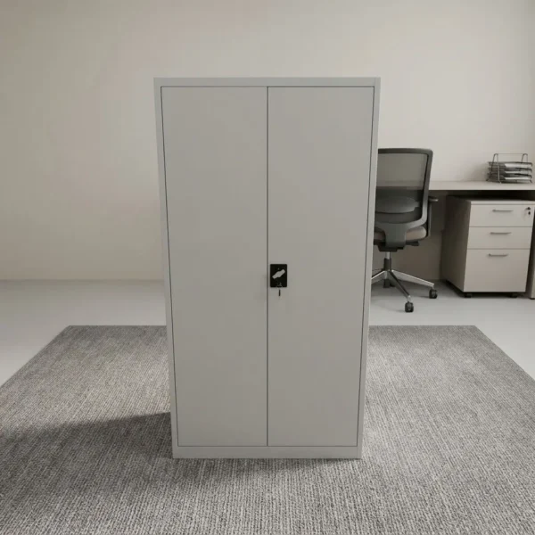 Steel metal office storage cabinet featuring a light grey powder-coated cold-rolled steel construction, dual full-height hinged doors with a recessed central locking mechanism and key set, internal multi-tiered adjustable storage shelving, and a flat reinforced plinth base.