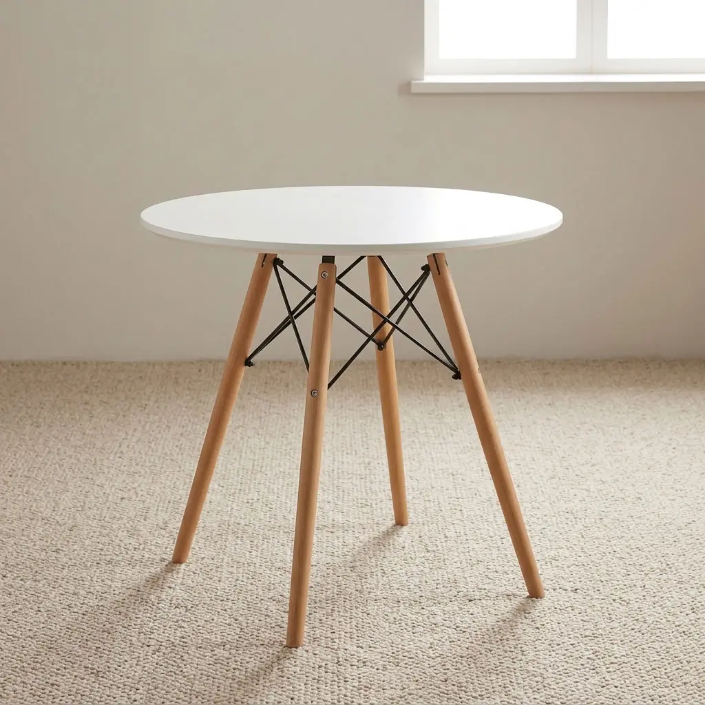 White round eames table featuring a smooth matte white painted circular MDF tabletop, iconic black metal wire Eiffel-style cross-bracing, and splayed natural beechwood wooden legs fitted with non-marking leveling foot pads.