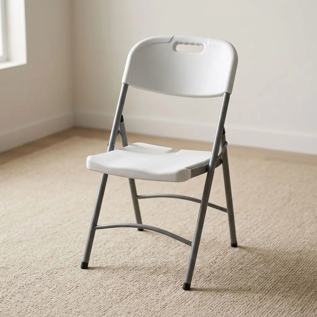 White foldable outdoor chair featuring a high-density molded white polyethylene seat and backrest with an integrated top carry handle, a space-saving folding design, and a grey powder-coated tubular steel frame with cross-bracing support and non-marring floor caps.