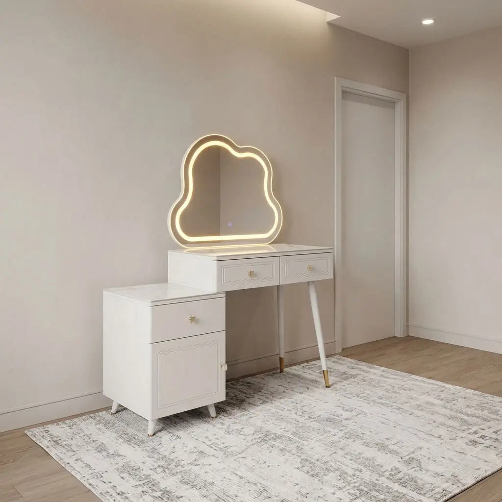 Classic dressing table with LED light featuring a white painted engineered wood frame with decorative drawer detailing and gold hardware, an irregular cloud-shaped illuminated vanity mirror with touch-control warm LED lighting, two main desk drawers connected to a side 2-tier storage cabinet unit, and slender white angled support legs accented with metallic gold tips.