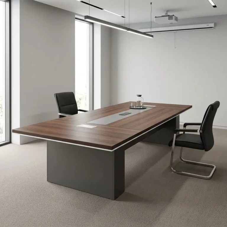 6m meeting conference table featuring a rich walnut wood-grain laminate tabletop with bevel-edged white trim and a central grey inlay, integrated pop-up power modules and cable management access ports, and heavy-duty charcoal grey rectangular pedestal panel bases.