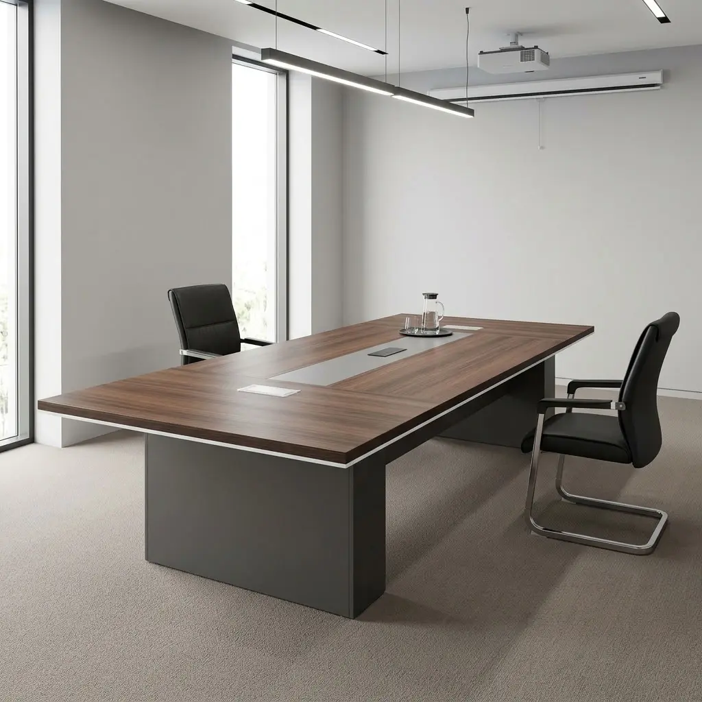 6m meeting conference table featuring a rich walnut wood-grain laminate tabletop with bevel-edged white trim and a central grey inlay, integrated pop-up power modules and cable management access ports, and heavy-duty charcoal grey rectangular pedestal panel bases.