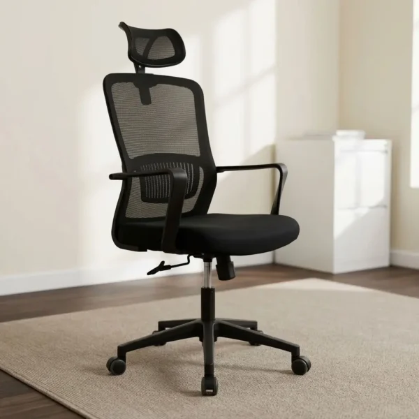 Meshed back ergonomic office seat featuring a breathable black mesh backrest with integrated lower lumbar support and an adjustable mesh headrest, a cushioned black fabric seat pan, fixed T-shaped armrests, pneumatic height-adjustment and tilt-tension control levers, and a durable black nylon five-star swivel base equipped with smooth-rolling dual-wheel casters.