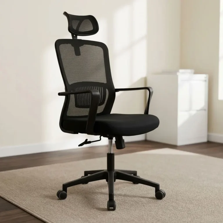 Meshed back ergonomic office seat featuring a breathable black mesh backrest with integrated lower lumbar support and an adjustable mesh headrest, a cushioned black fabric seat pan, fixed T-shaped armrests, pneumatic height-adjustment and tilt-tension control levers, and a durable black nylon five-star swivel base equipped with smooth-rolling dual-wheel casters.