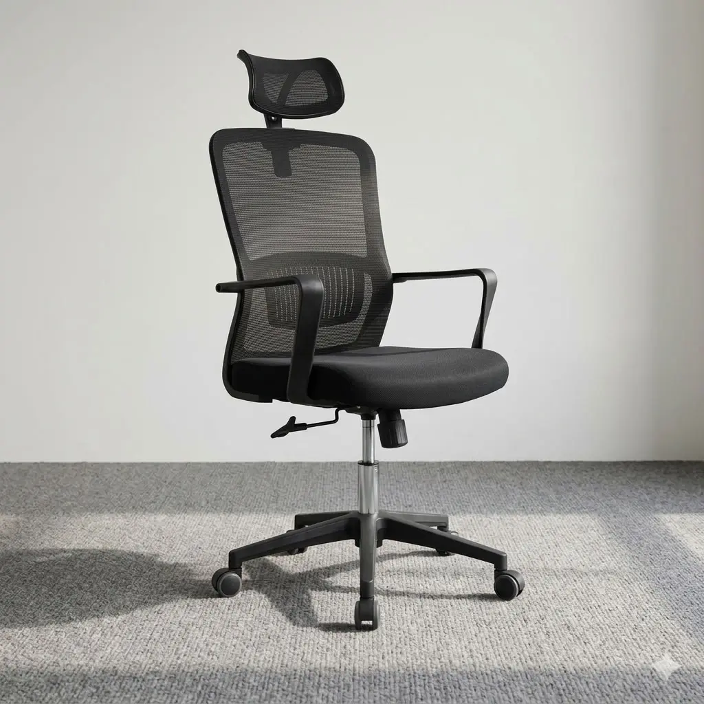 Ergonomic adjustable mesh office chair featuring a breathable black mesh backrest with integrated lumbar support and an adjustable mesh headrest, a padded black fabric cushion seat, fixed armrests, pneumatic seat height adjustment and tilt-tension control levers, and a heavy-duty black five-star swivel base equipped with smooth-rolling casters.