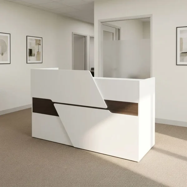1.6m straight reception table featuring high-gloss white laminate front fascia panels with dark wood-grain accent cutouts, an elevated transaction counter shelf with a writing desktop surface, and a full-skirt enclosure supported by a floor-standing box base.