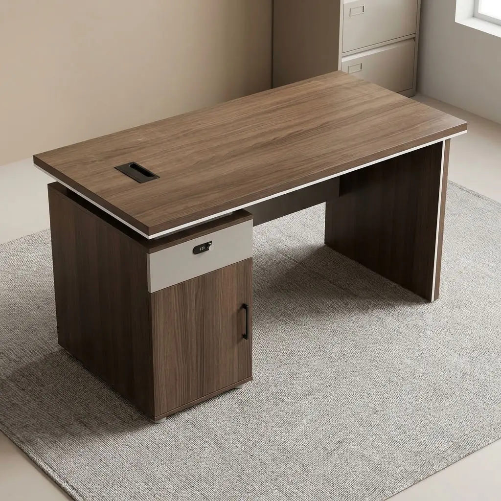 1200mm classic executive desk featuring a rich walnut wood-grain laminate desktop with white edge trimming, a central desk blotter inlay, and an integrated rectangular cable management cutout, an attached side pedestal unit with a grey lockable top drawer and lower storage cabinet, and a matching walnut panel leg base with a full modesty panel and protective floor glides.