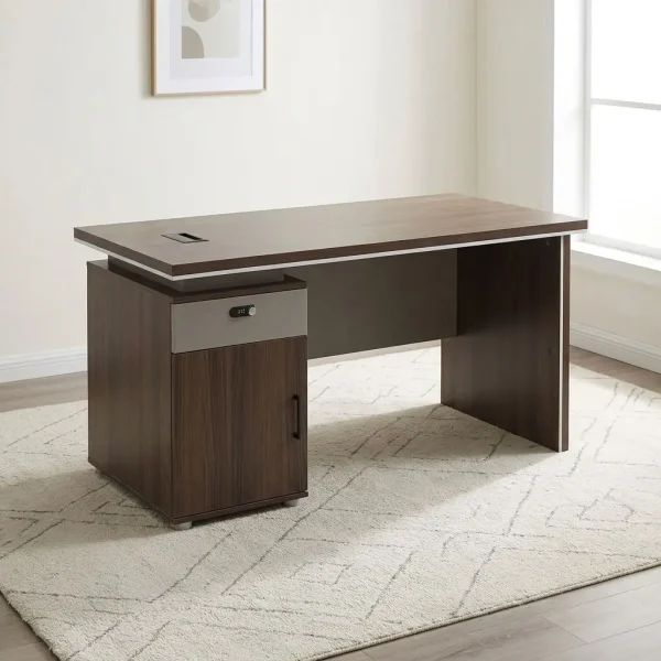 1200mm classic executive desk featuring a rich walnut wood-grain laminate desktop with white edge trimming, a central desk blotter inlay, and an integrated rectangular cable management cutout, an attached side pedestal unit with a grey lockable top drawer and lower storage cabinet, and a matching walnut panel leg base with a full modesty panel and protective floor glides.