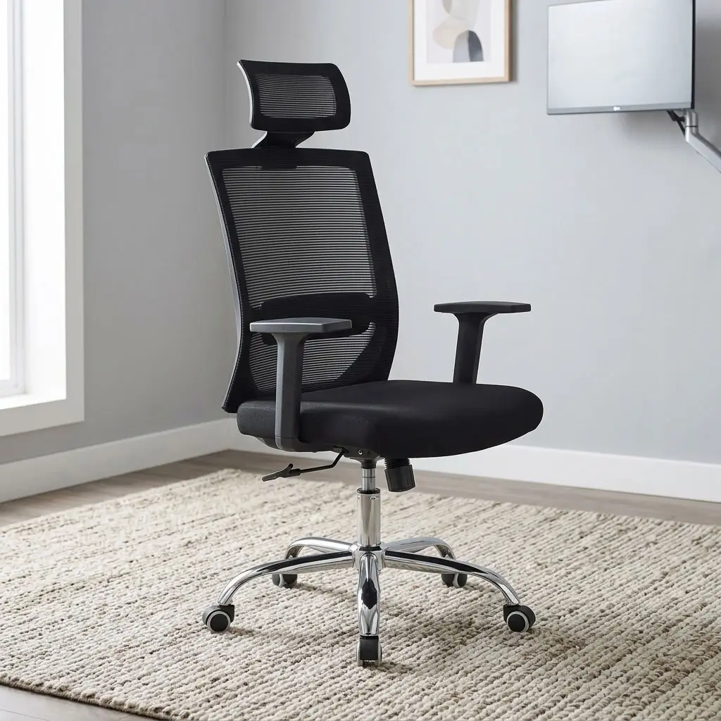 Premium ergonomic office chair featuring a high-density black mesh backrest with integrated lumbar support and an adjustable headrest, a cushioned black fabric seat pan, adjustable T-shaped armrests, pneumatic height adjustment and tilt-tension control levers, and a polished chrome five-star swivel base with protective wrapping and dual-wheel casters.