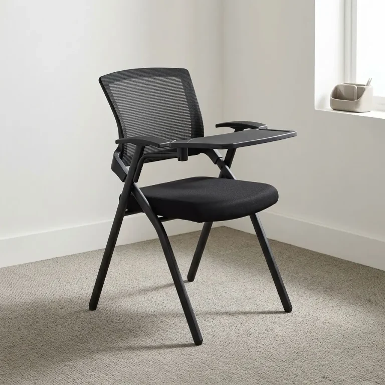 Modern foldable training chair featuring a breathable black mesh backrest, a cushioned black fabric flip-up seat pan, integrated armrests with a right-hand foldaway writing tablet tablet-arm, and a black powder-coated steel folding frame structure equipped with floor glides.