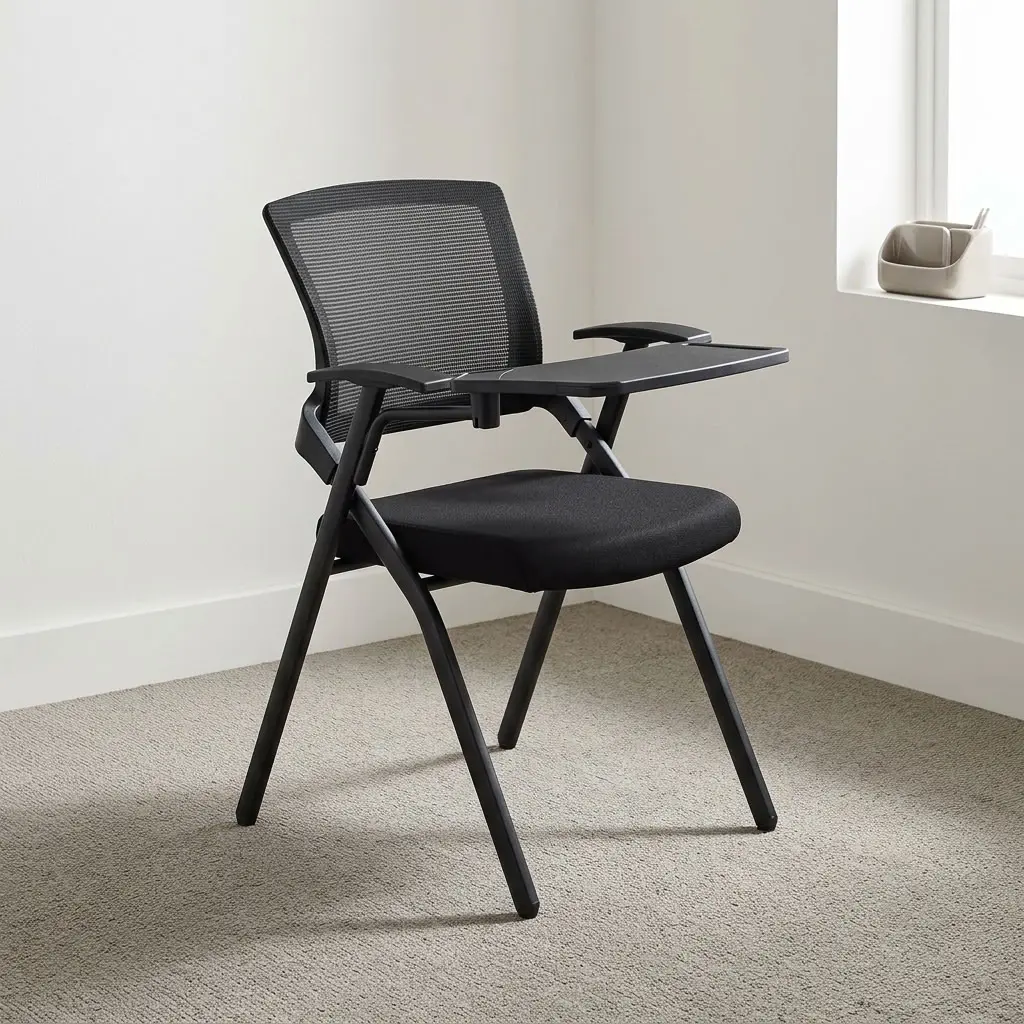 Modern foldable training chair featuring a breathable black mesh backrest, a cushioned black fabric flip-up seat pan, integrated armrests with a right-hand foldaway writing tablet tablet-arm, and a black powder-coated steel folding frame structure equipped with floor glides.