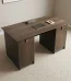 Rectangular 1.2m office table featuring a walnut wood-grain laminate desktop with a central flip-top cable outlet box, twin pedestal side cabinets with grey-framed top drawers and lower storage doors, and a full modesty panel floor-standing pedestal base.