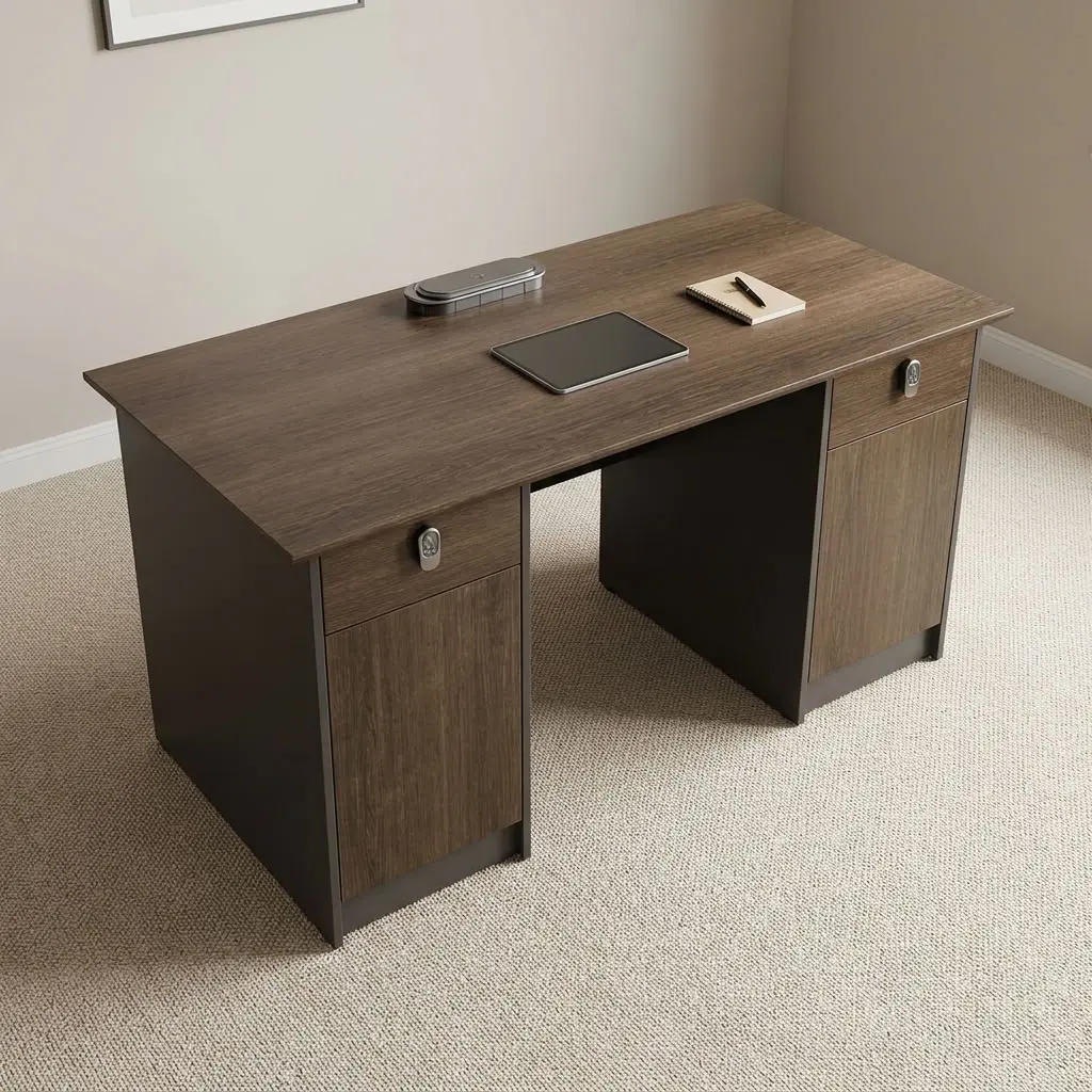 Rectangular 1.2m office table featuring a walnut wood-grain laminate desktop with a central flip-top cable outlet box, twin pedestal side cabinets with grey-framed top drawers and lower storage doors, and a full modesty panel floor-standing pedestal base.