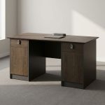 Rectangular 1.2m office table featuring a walnut wood-grain laminate desktop with a central flip-top cable outlet box, twin pedestal side cabinets with grey-framed top drawers and lower storage doors, and a full modesty panel floor-standing pedestal base.