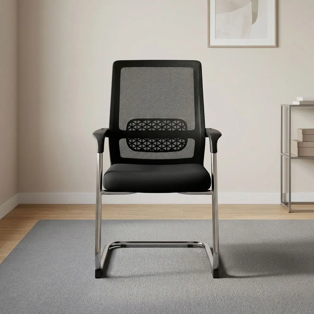 Mid-back cantilever waiting chair featuring a breathable black mesh mid-back rest with an integrated geometric pattern lumbar support band, a cushioned black fabric seat, fixed T-shaped armrests with black arm pads, and a continuous tubular chrome cantilever frame base with protective floor glides.