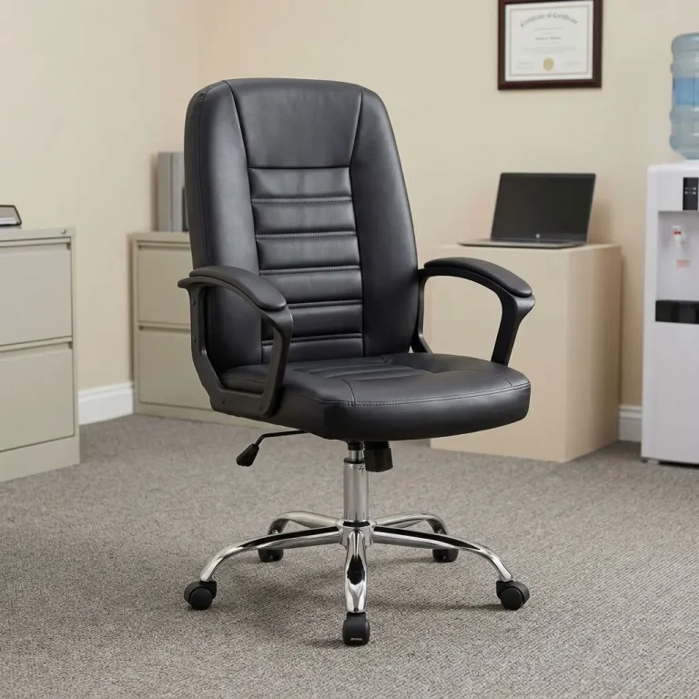 Swivel leather mid back chair featuring a black faux leather upholstered mid-back rest with horizontal tufted stitching and a cushioned seat pan, curved loop armrests with padded arm rests, pneumatic seat height adjustment and tilt-tension control levers, and a polished chrome five-star swivel base with smooth-rolling dual-wheel casters.