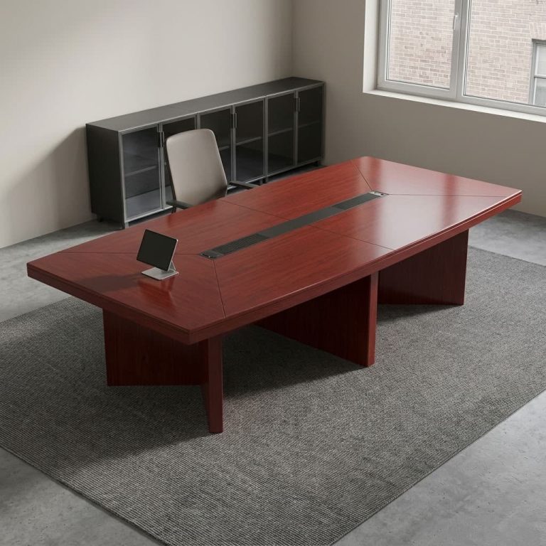 3M mahogany boardroom table featuring a large 3000mm rectangular rich reddish-brown mahogany wood laminate tabletop with diagonal corner seam detailing, a central black wire management trough with pop-up power/data modules, and a sturdy triple panel-leg base with integrated modesty cross-bracing.