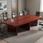 3M mahogany boardroom table featuring a large 3000mm rectangular rich reddish-brown mahogany wood laminate tabletop with diagonal corner seam detailing, a central black wire management trough with pop-up power/data modules, and a sturdy triple panel-leg base with integrated modesty cross-bracing.
