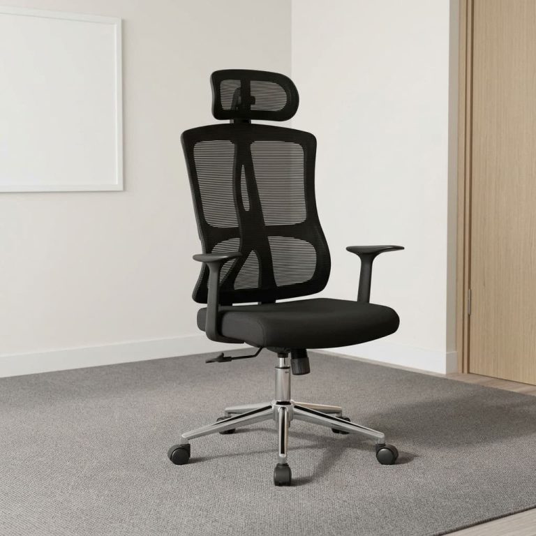 Ergonomic mesh task chair featuring a high-back breathable black mesh backrest with an integrated Y-shaped spine lumbar support brace and an adjustable mesh headrest, a cushioned black fabric seat pan, adjustable T-shaped armrests, pneumatic seat height adjustment and tilt-tension control levers, and a heavy-duty chrome five-star swivel base equipped with smooth-rolling dual-wheel casters.